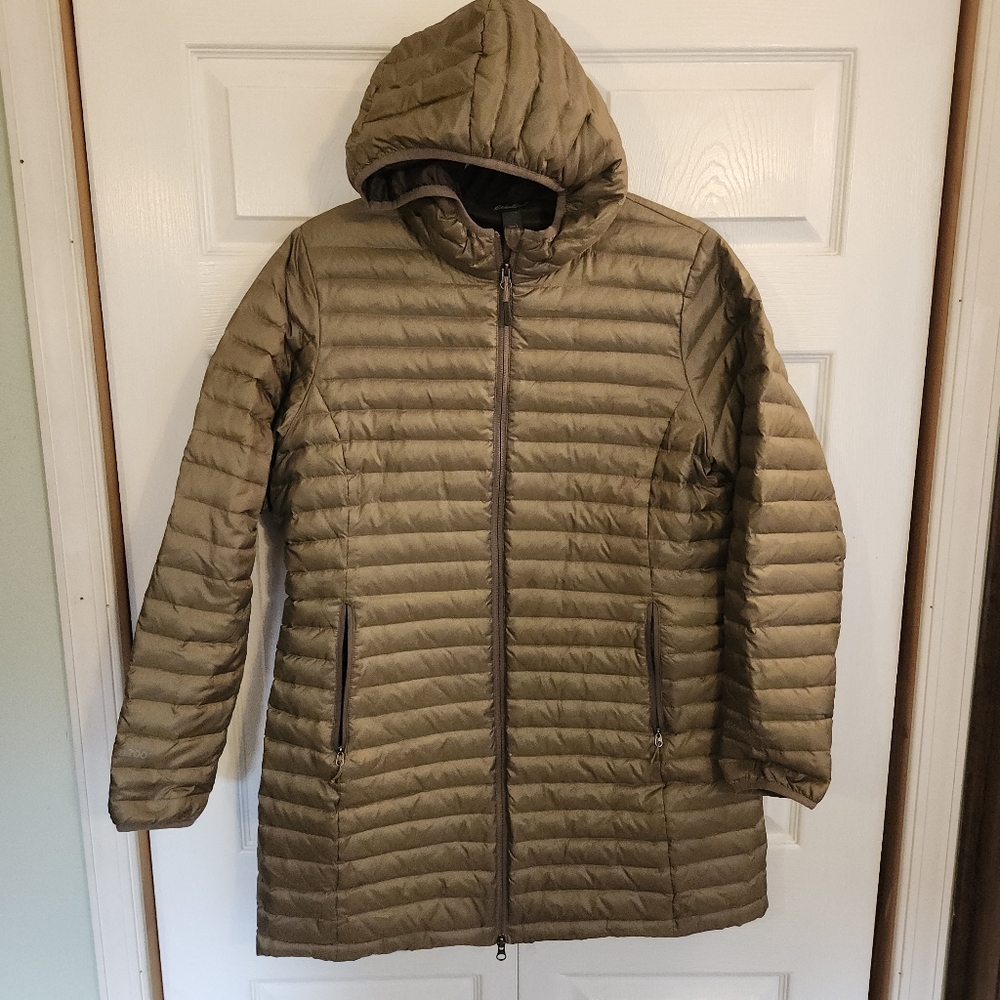 EDDIE BAUER MID LENGTH PUFFER DOWN ZIP HOODED JACKET BRONZE METALLIC WOMENS LG